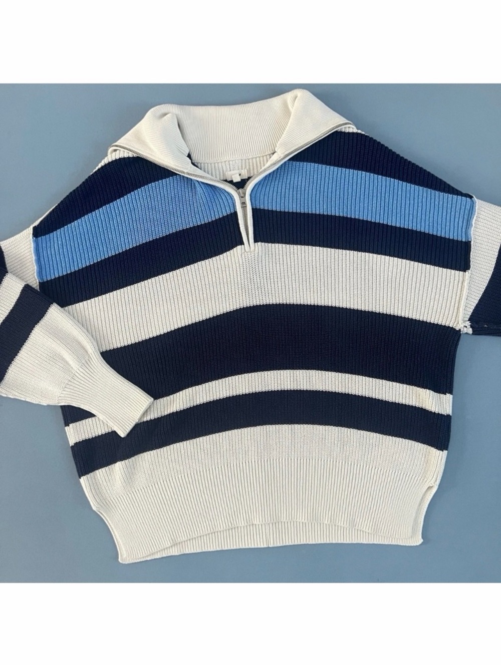 Aerie Beyond Quarter Zip Sweater Blue Striped Cotton‎ Knit Pullover Size Small
